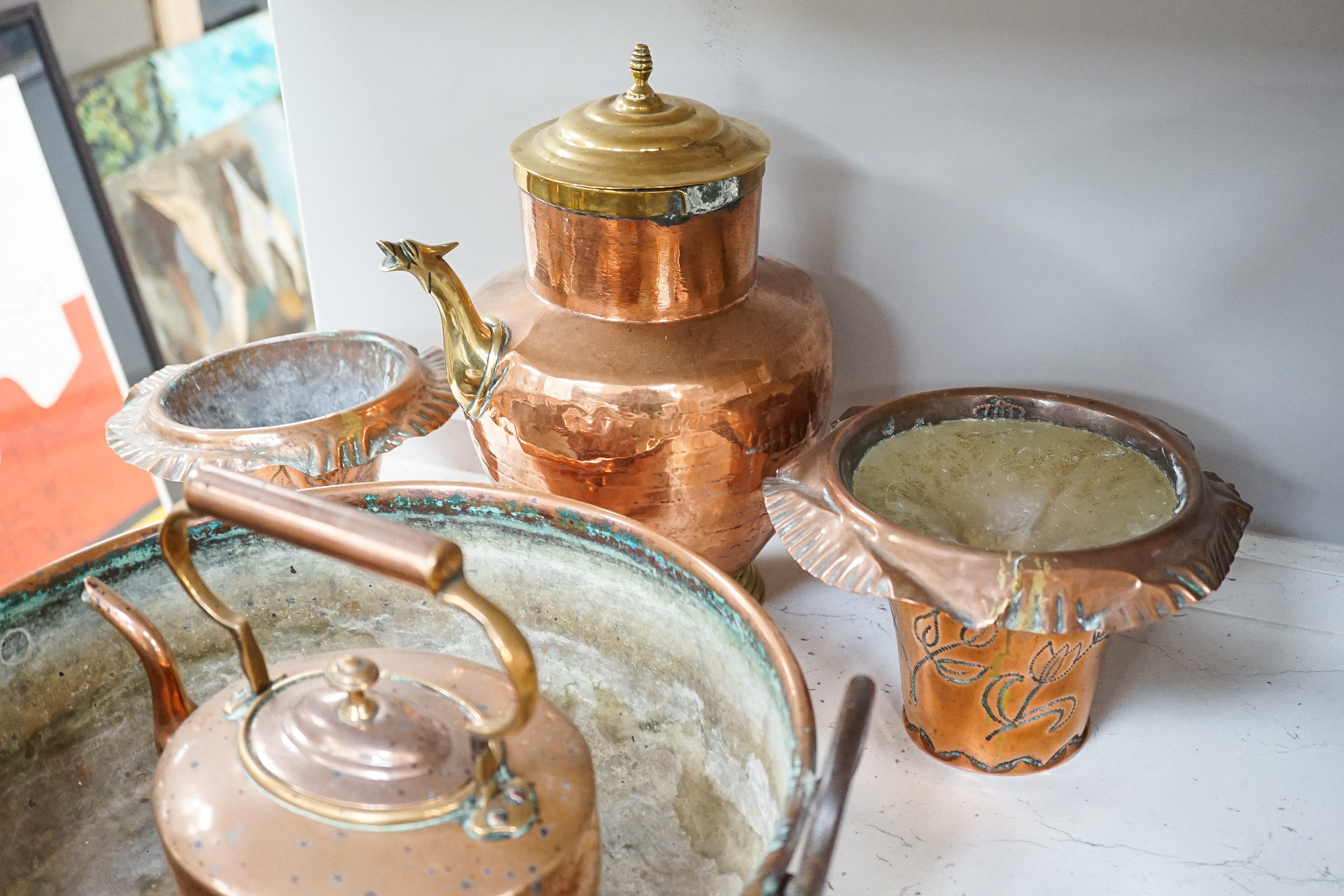 Mixed copper wares including teapot, preserve pan etc.